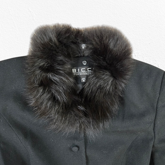 80s Vintage Black Removable Fur Trim Wool Mob Wife Made in USA Jacket Size 10 - Picture 2 of 8